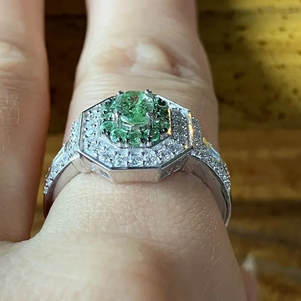 Natural Tsavorite Garnet Moissanite Sterling Silver Ring Size 8